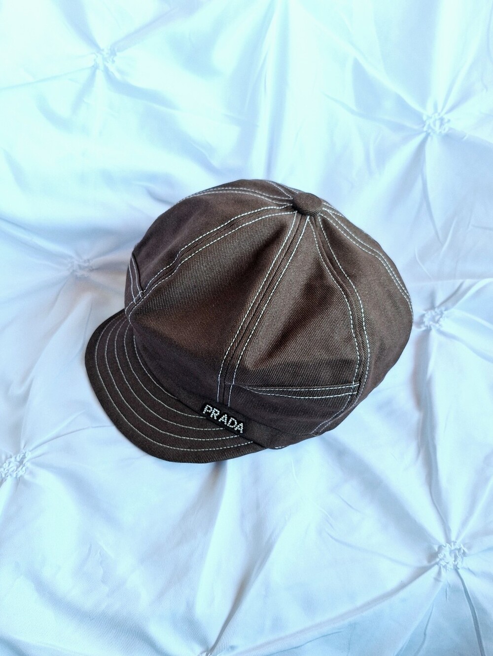 PRADA BROWN BERET HAT with CRYSTAL LETTER LOGO - Picture 10 of 12